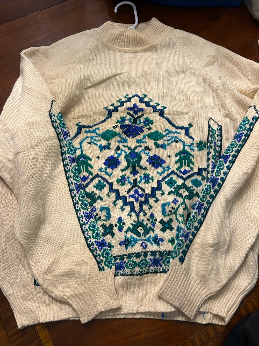 Cream Cowlneck Sweater with Blue & Green Fair Isle Pattern